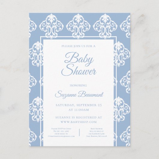 Carte Postale Faire-part Baby shower blanc bleu foncé moderne Boho (Devant)