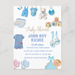 Carte Postale Faire-part Baby Shower Bleu Bébé Garçon
