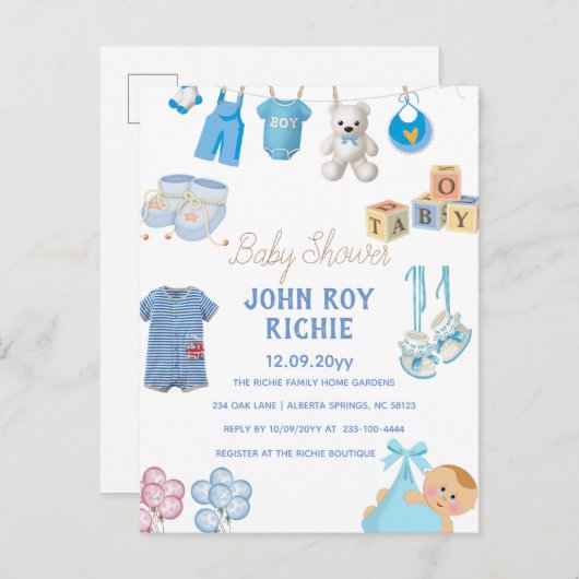 Carte Postale Faire-part Baby Shower | Bleu Bébé Garçon (Devant / Derrière)