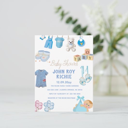 Carte Postale Faire-part Baby Shower | Bleu Bébé Garçon (Debout devant)