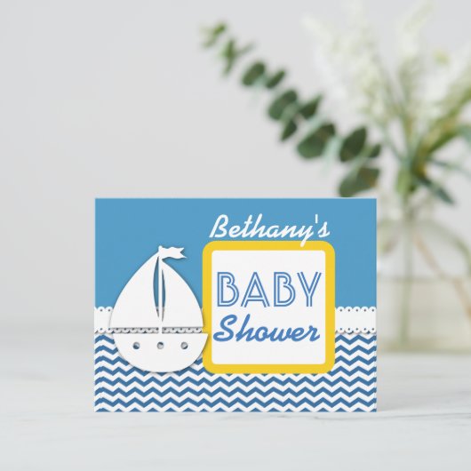 Carte Postale Faire-part Baby Shower Chevrons Bleus et Voilier pour Garçon (Debout devant)