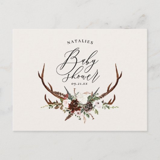 Carte Postale Faire-part Baby shower de cerf en script botanique rustique (Devant)