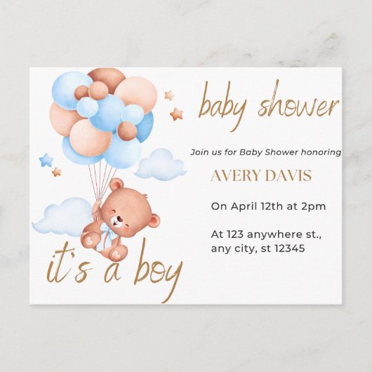 Carte Postale Faire-part baby shower d'invitation, c'est un garçon (Devant)