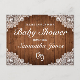Carte Postale Faire-part Baby shower en bois rustique et dentelle blanche