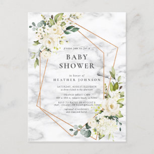 Carte Postale Faire-part Baby shower floral blanc géométrique en marbre de 