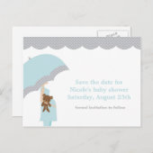 Carte Postale Faire-part Baby shower parapluie bleu Enregistrer la date (Devant / Derrière)
