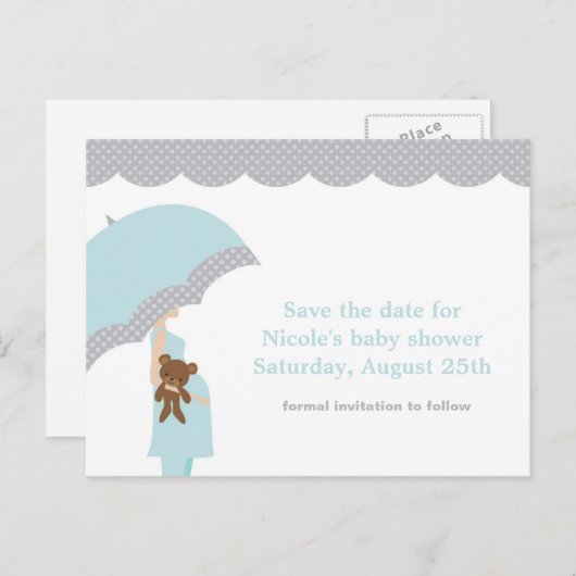 Carte Postale Faire-part Baby shower parapluie bleu Enregistrer la date (Devant / Derrière)