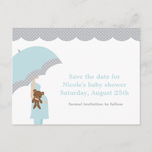 Carte Postale Faire-part Baby shower parapluie bleu Enregistrer la date (Devant)