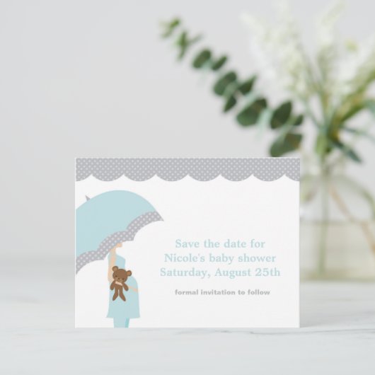Carte Postale Faire-part Baby shower parapluie bleu Enregistrer la date (Debout devant)