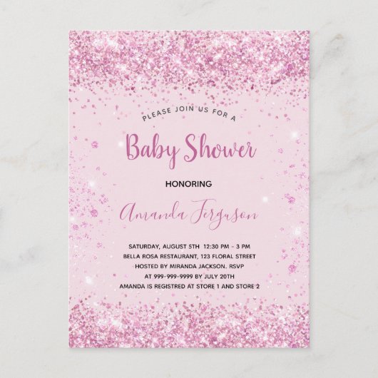Carte Postale Faire-part Baby shower rose parties scintillant script fille (Devant)