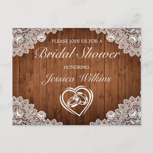 Carte Postale Faire-part Baby Shower Rustique Bois & Dentelle Blanche (Devant)