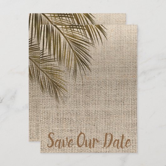 Carte Postale Faire-part Bahama Bronze Palm Rustique Burlap Enregistrer la  (Devant / Derrière)