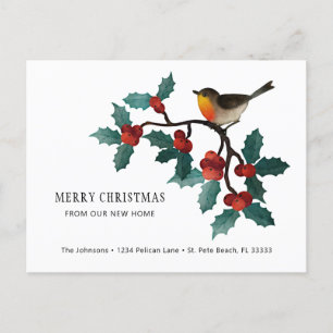 Carte Postale Faire-part Baies rouges de houx Oiseau d'hiver Fête mobile