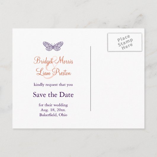 Carte Postale Faire-part Baisers de papillon violet Enregistrez la date (Dos)