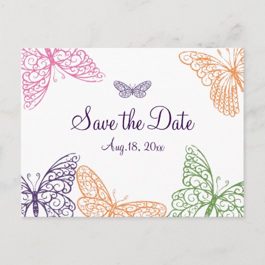 Carte Postale Faire-part Baisers de papillon violet Enregistrez la date (Devant)