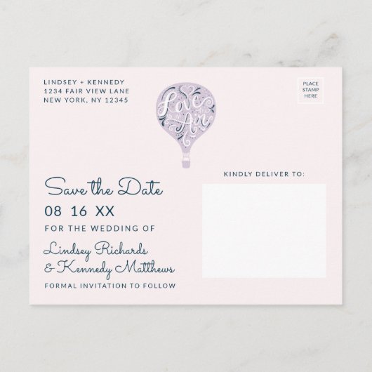 Carte Postale Faire-part Ballon Lavande Amour Lettre Main Save the Date (Dos)