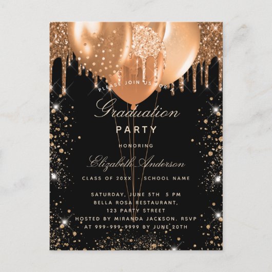 Carte Postale Faire-part Ballons de parties scintillant en or noir (Devant)