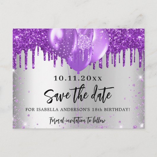 Carte Postale Faire-part Ballons violets argenté anniversaire enregistrer l (Devant)