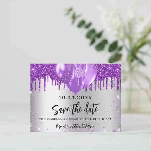 Carte Postale Faire-part Ballons violets argenté anniversaire enregistrer l (Debout devant)