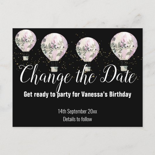 Carte Postale Faire-part Balloon à air chaud rose Changer la date Noir (Devant)