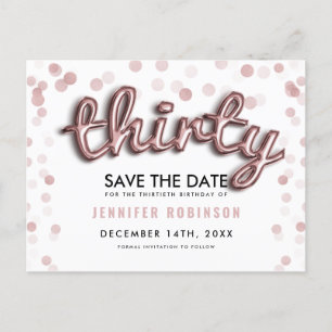 Carte Postale Faire-part Balloons Rose Gold pour les 30 ans Save The Date