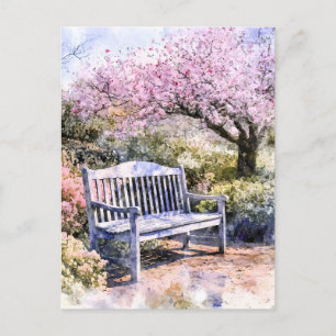 Carte Postale Faire-part Banc Fleurissant à l'Aquarelle de Printemps