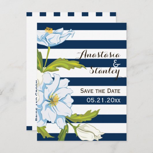 Carte Postale Faire-part Bande bleu foncé & mariage de fleurs Enregistrer l (Devant / Derrière)