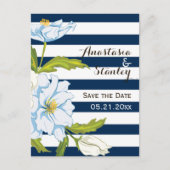 Carte Postale Faire-part Bande bleu foncé & mariage de fleurs Enregistrer l (Devant)
