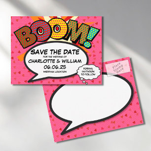 Carte Postale Faire-part Bande dessinée Pop Art BOOM Enregistrez la date