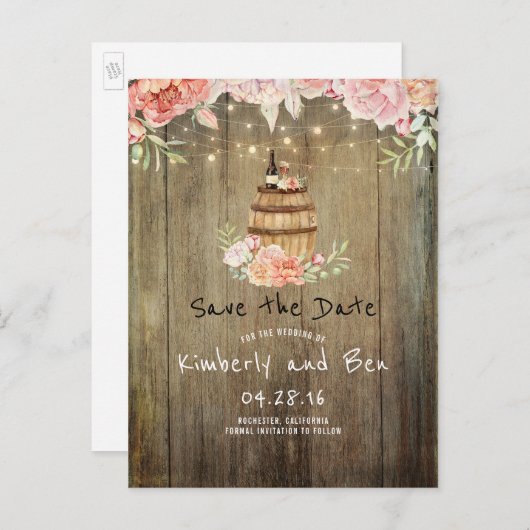 Carte Postale Faire-part Baril de vin et Fleurs roses Rustique Enregistrer  (Devant / Derrière)