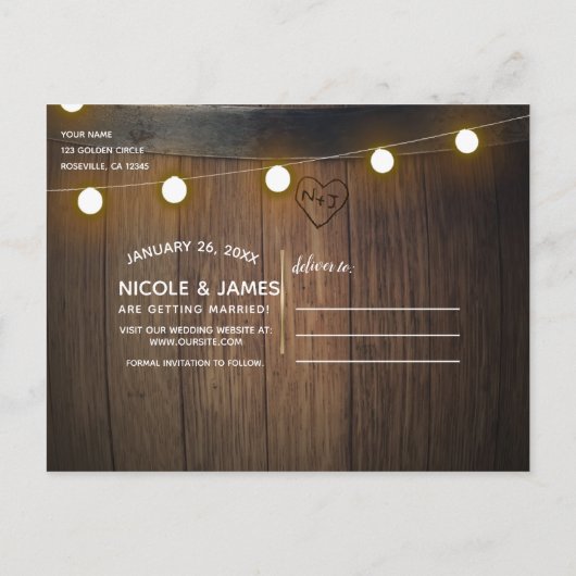 Carte Postale Faire-part Baril en bois Feux cardiaques sculptés Enregistrer (Dos)