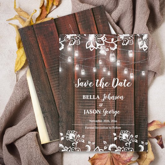 Carte Postale Faire-part Barn Lace Rustic Wood String Lights Wedding