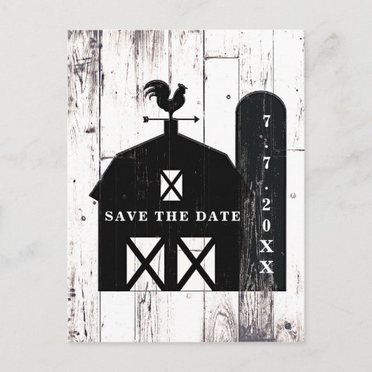 Carte Postale Faire-part Barn noir bois blanc mariage rustique save the dat (Devant)
