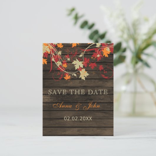 Carte Postale Faire-part Barn Wood Rustic Fall Leaves Mariage enregistrer l (Debout devant)