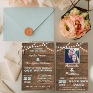 Carte Postale Faire-part Barnwood Lights Aqua Mariage Enregistrer la Date