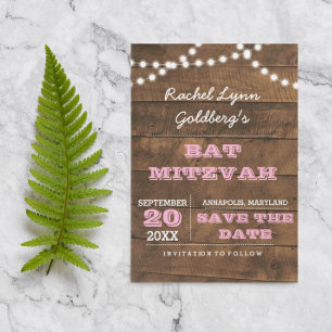 Carte Postale Faire-part Barnwood Lights Pink Bat Mitzvah Enregistrez la Da