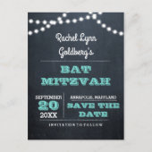 Carte Postale Faire-part Bat mitzvah Turquoise de feux de tableau noir Enre (Devant)