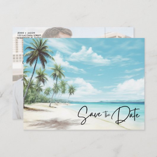 Carte Postale Faire-part Beach Destination Mariage Photo Enregistrer La Dat (Devant / Derrière)