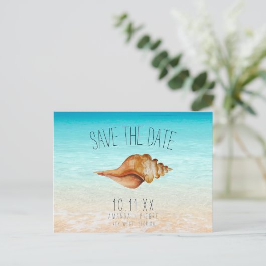 Carte Postale Faire-part Beach Ocean Seashell Mariage Sauvez les dates (Debout devant)