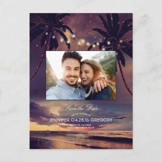Carte Postale Faire-part Beach Sunset Palms Lights Photo Enregistrer la dat (Devant)