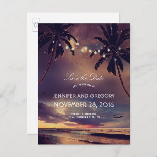 Carte Postale Faire-part Beach Sunset Palms String Lights Enregistrer la da (Devant / Derrière)