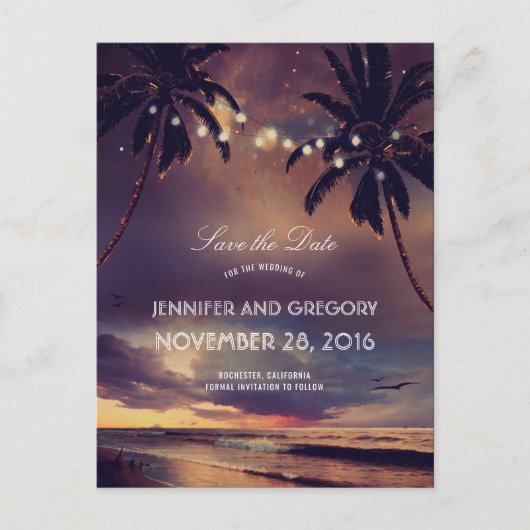 Carte Postale Faire-part Beach Sunset Palms String Lights Enregistrer la da (Devant)