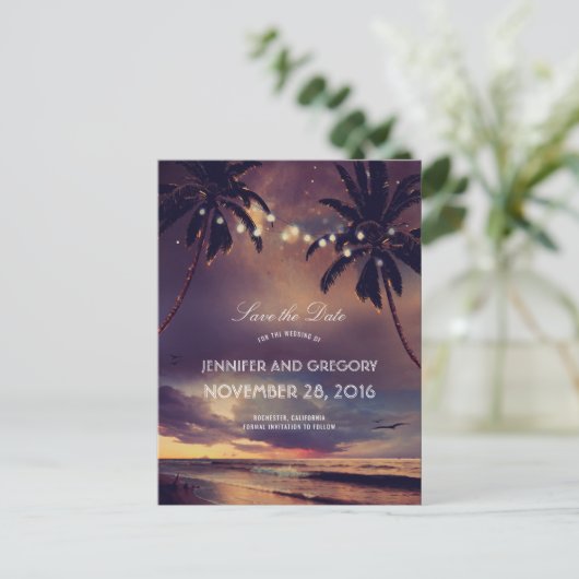 Carte Postale Faire-part Beach Sunset Palms String Lights Enregistrer la da (Debout devant)