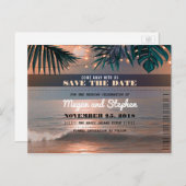 Carte Postale Faire-part Beach Sunset String Lights Palms Enregistrer la da (Devant / Derrière)
