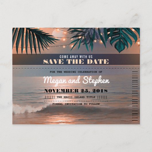 Carte Postale Faire-part Beach Sunset String Lights Palms Enregistrer la da (Devant)