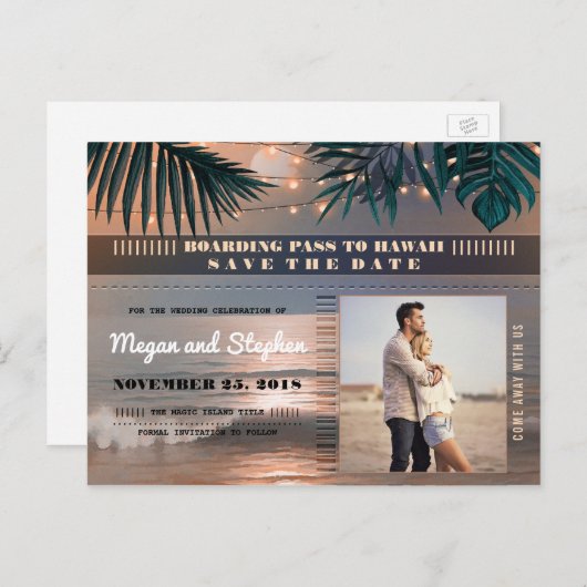 Carte Postale Faire-part Beach Sunset String Lights Photo Enregistrer la da (Devant / Derrière)