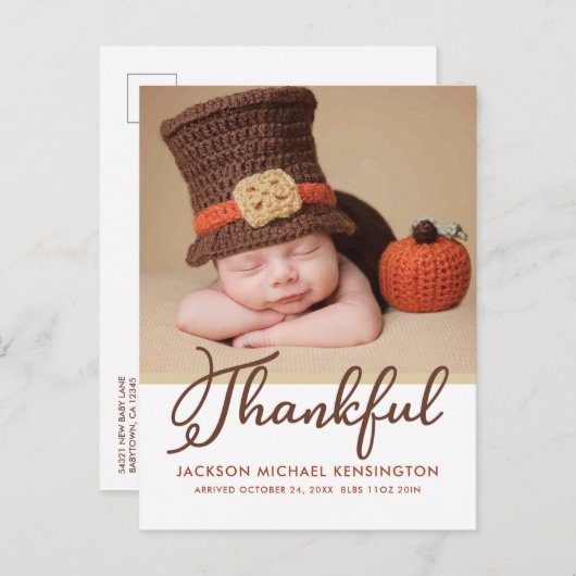 Carte Postale Faire-part Bébé de naissance automne d'Action de grâce Photo (Devant / Derrière)