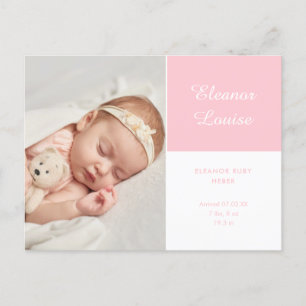 Carte Postale Faire-part Bébé Fille Élégant Script Photo Naissance rose