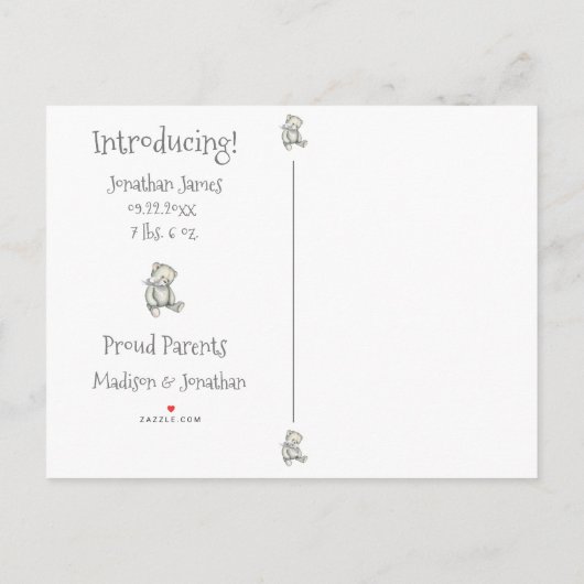 Carte Postale Faire-part Bébé Gris Neutre Typographie Nom Statistiques (Dos)