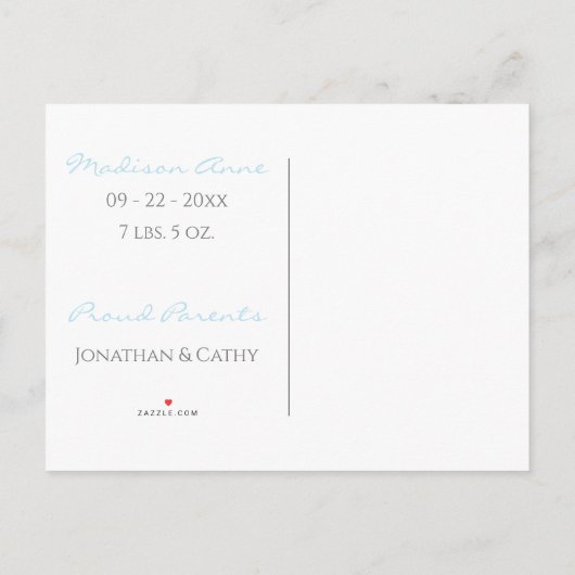 Carte Postale Faire-part Bébé Photo Bleu Script garçon Statistiques mignonn (Dos)